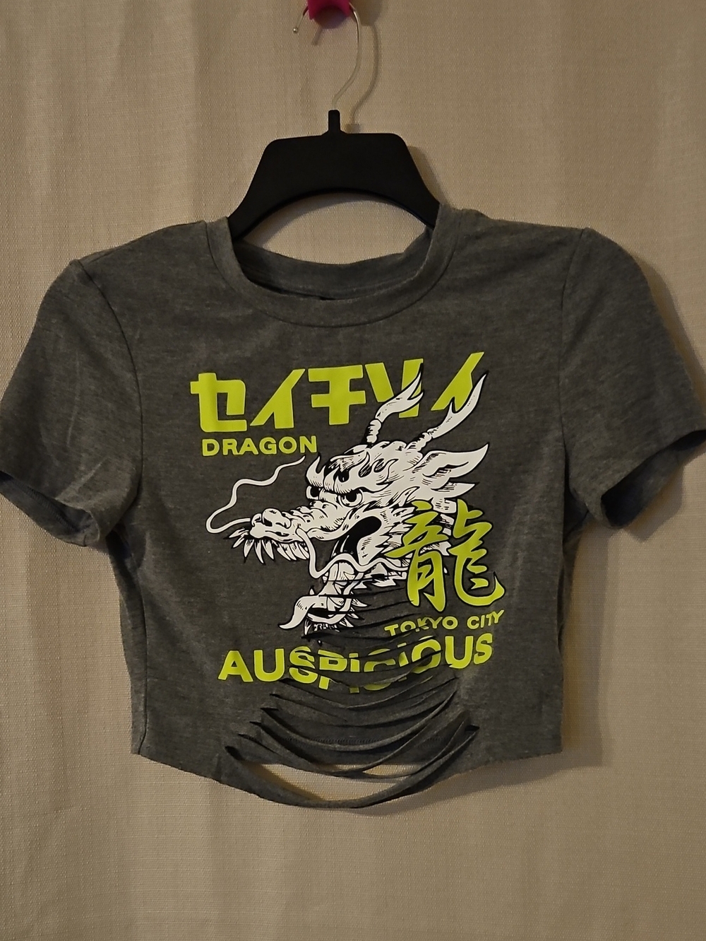SHEIN Grey Crop Tee with Neon Yellow Dragon Graphic